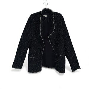 Max Studio Boucle Knit Open Front Jacket Black White Flecked Size Large